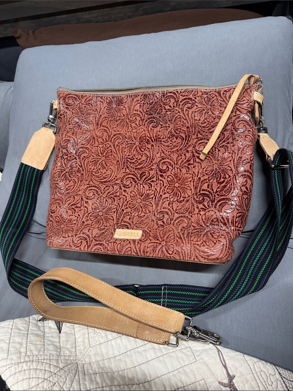 Consuela Brown Tooled Leather Sally Hobo Crossbody with leather & woven straps - Picture 12 of 14